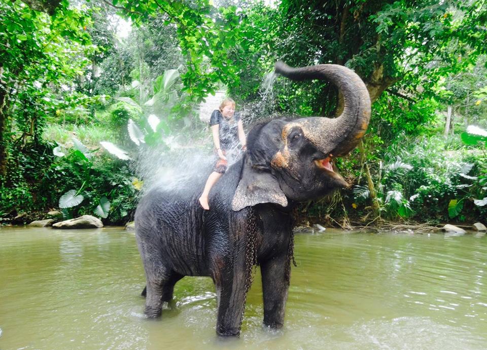 Volontärarbetade med elefanter i Sri Lanka. Här ger Rani mig ett morgonbad. Foto: Josefine Nilsson
